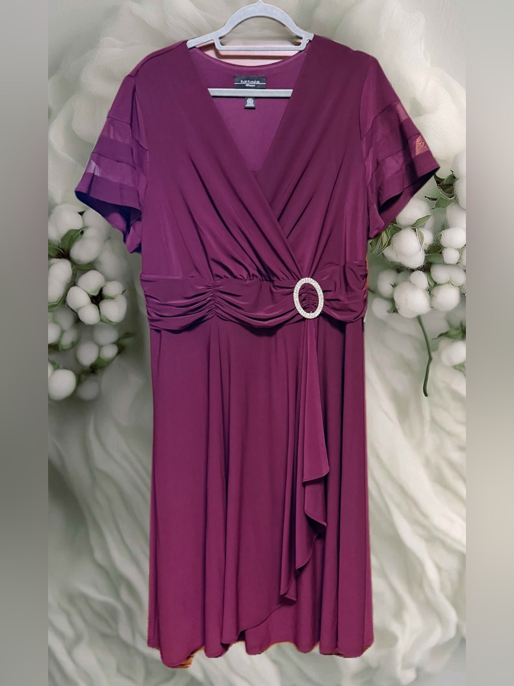 R&M Richards NWT Plum Faux Wrap Midi Dress with Decorative Buckle size 18W